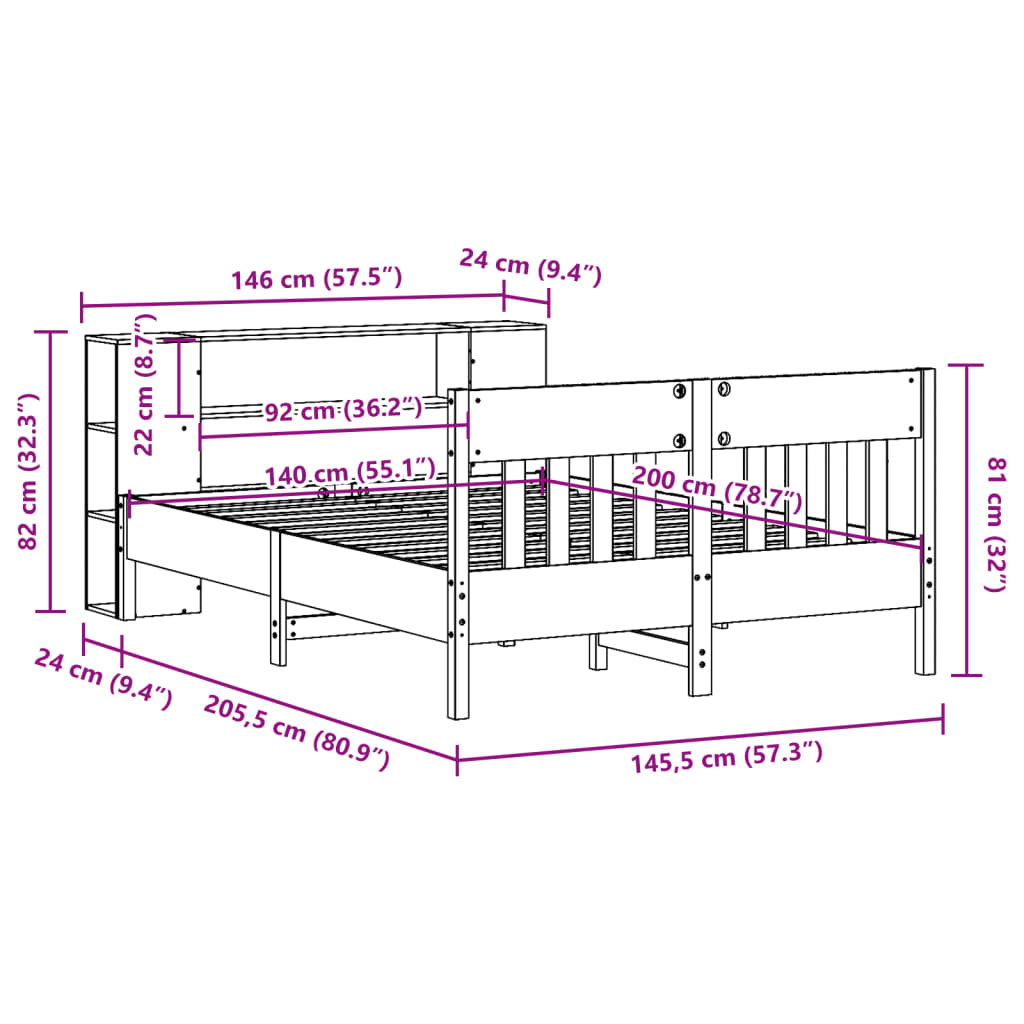 vidaXL Massivholzbett mit Regal ohne Matratze Wachsbraun 140x200 cm
