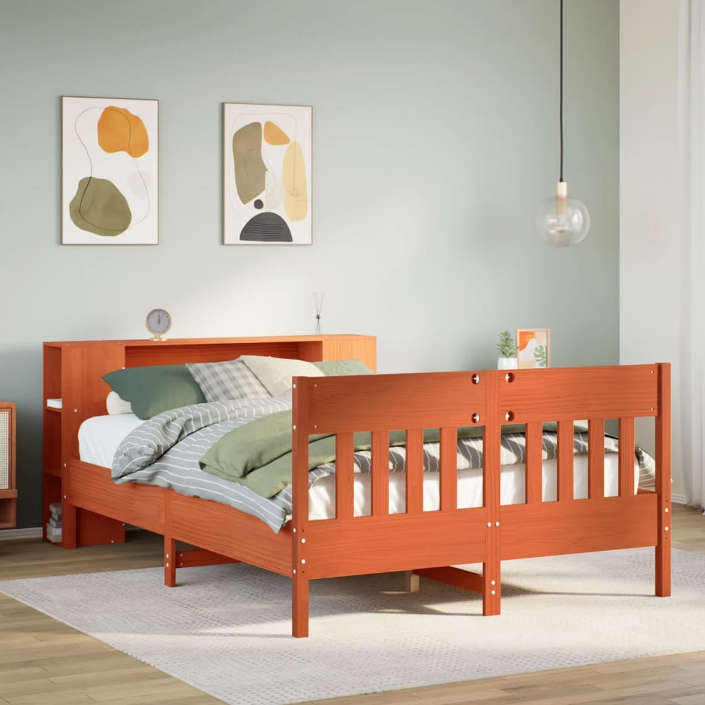 vidaXL Massivholzbett mit Regal ohne Matratze Wachsbraun 140x190 cm