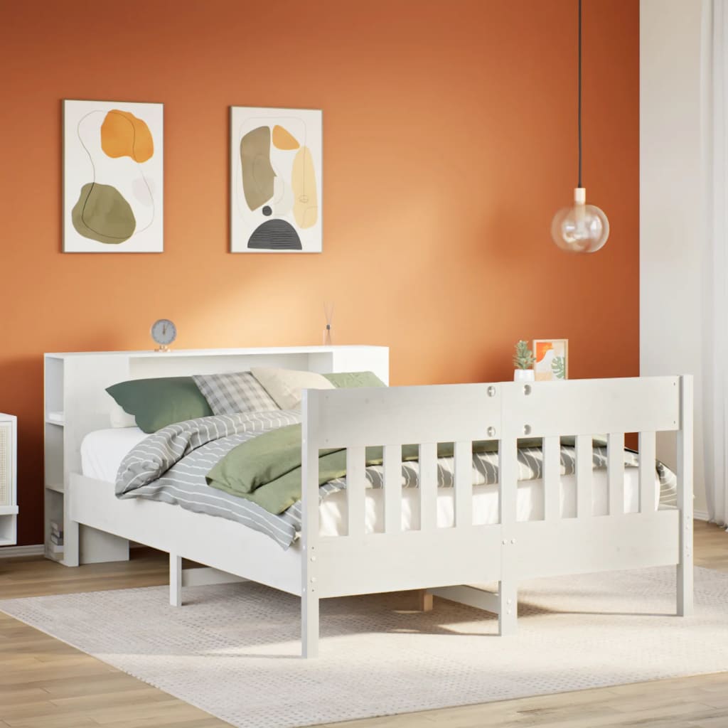 vidaXL Lit en bois massif avec étagère sans matelas Blanc 135x190 cm Pin