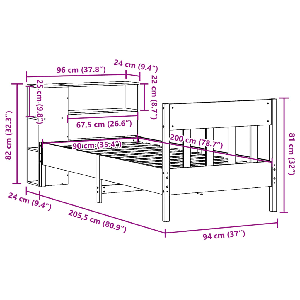 vidaXL Massivholzbett mit Regal ohne Matratze 90x200 cm Kiefer