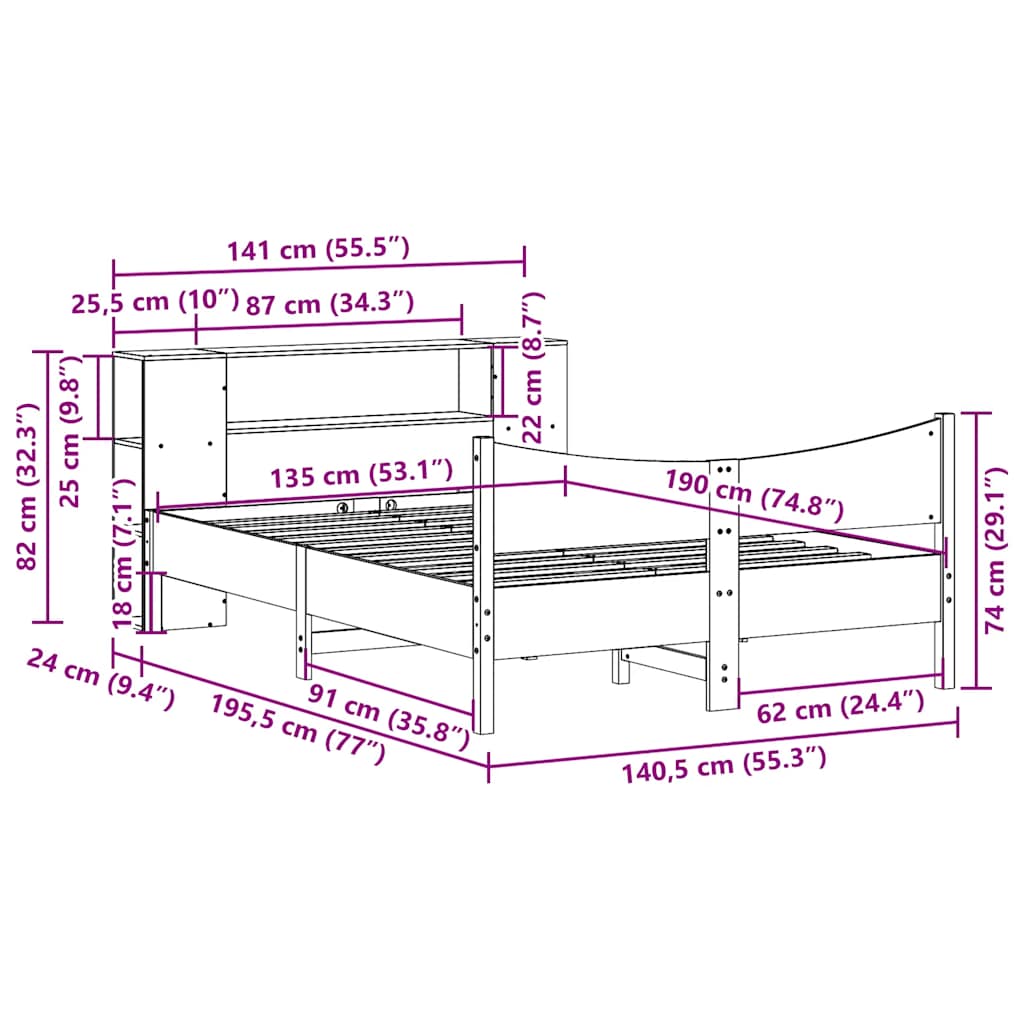 vidaXL Massivholzbett ohne Matratze Wachsbraun 135x190 cm Kiefernholz
