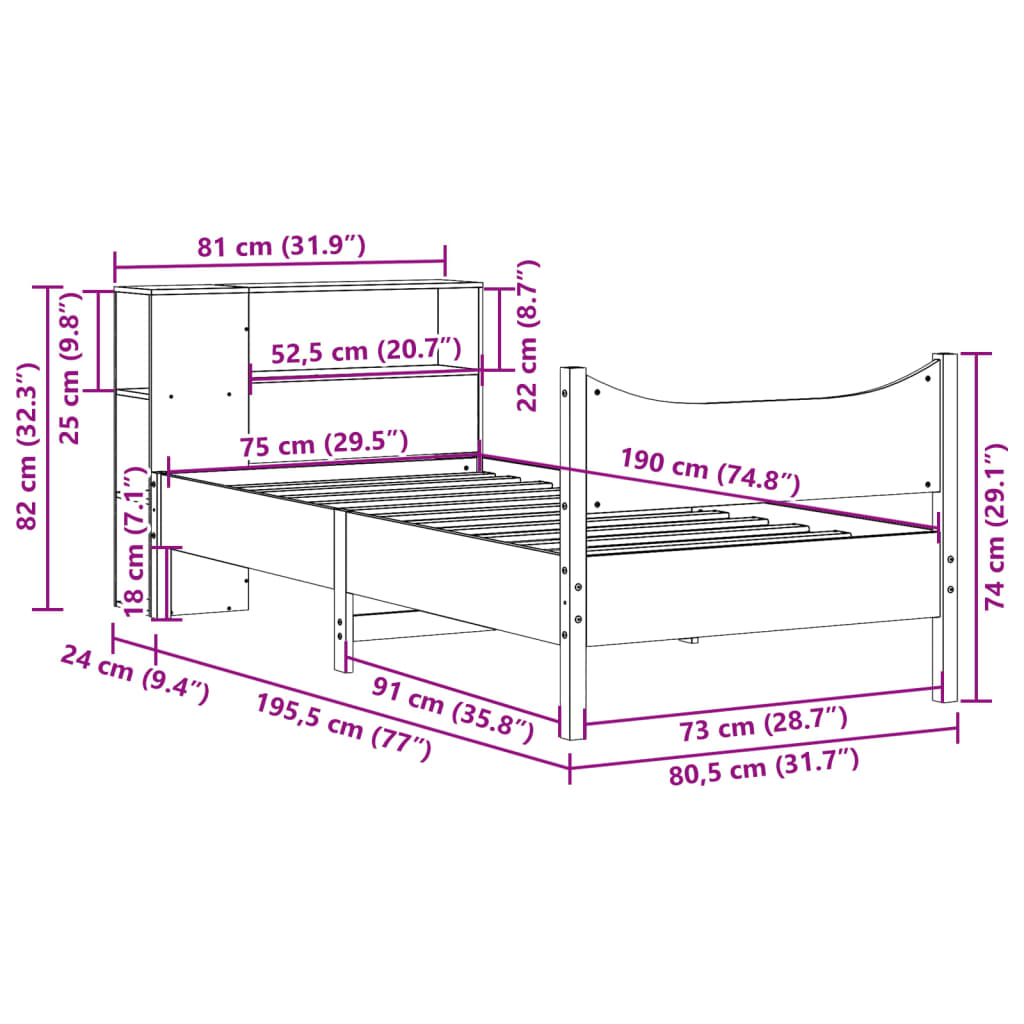 vidaXL Massivholzbett ohne Matratze Wachsbraun 75x190 cm Kiefernholz