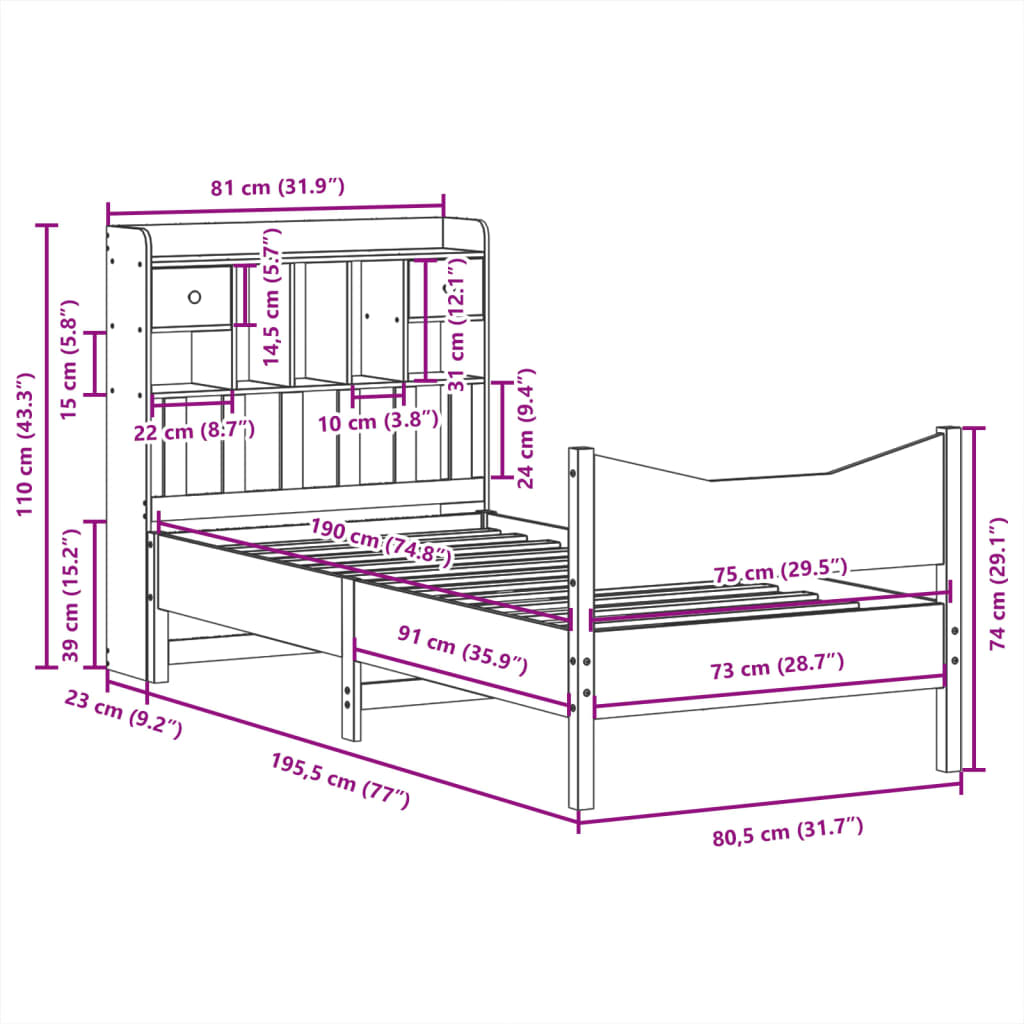 vidaXL Massivholzbett ohne Matratze 75x190 cm Kiefernholz