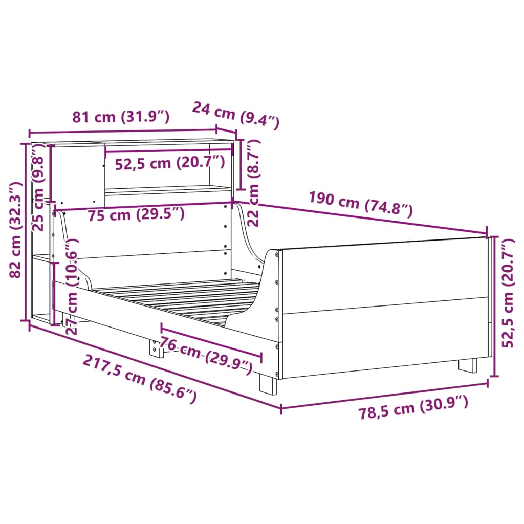 vidaXL Massivholzbett ohne Matratze Wachsbraun 75x190 cm Kiefernholz