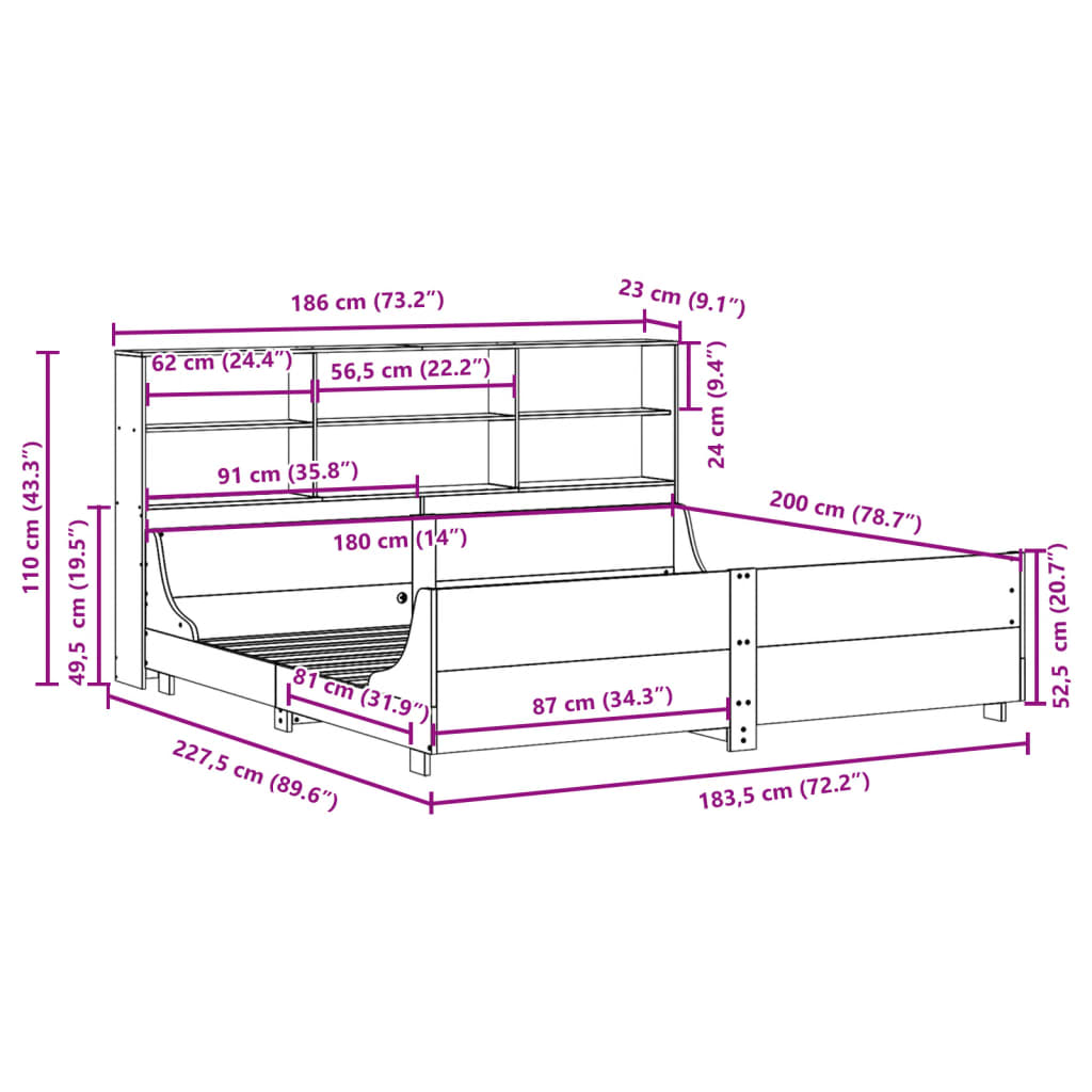 vidaXL Massivholzbett mit Regal ohne Matratze Weiß 180x200 cm