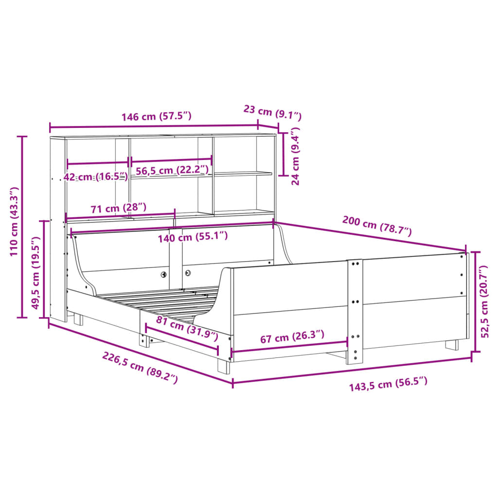 vidaXL Massivholzbett mit Regal ohne Matratze 140x200 cm