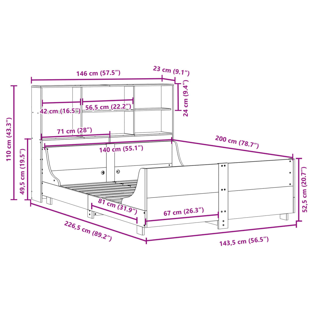 vidaXL Massivholzbett mit Regal ohne Matratze Wachsbraun 140x200 cm