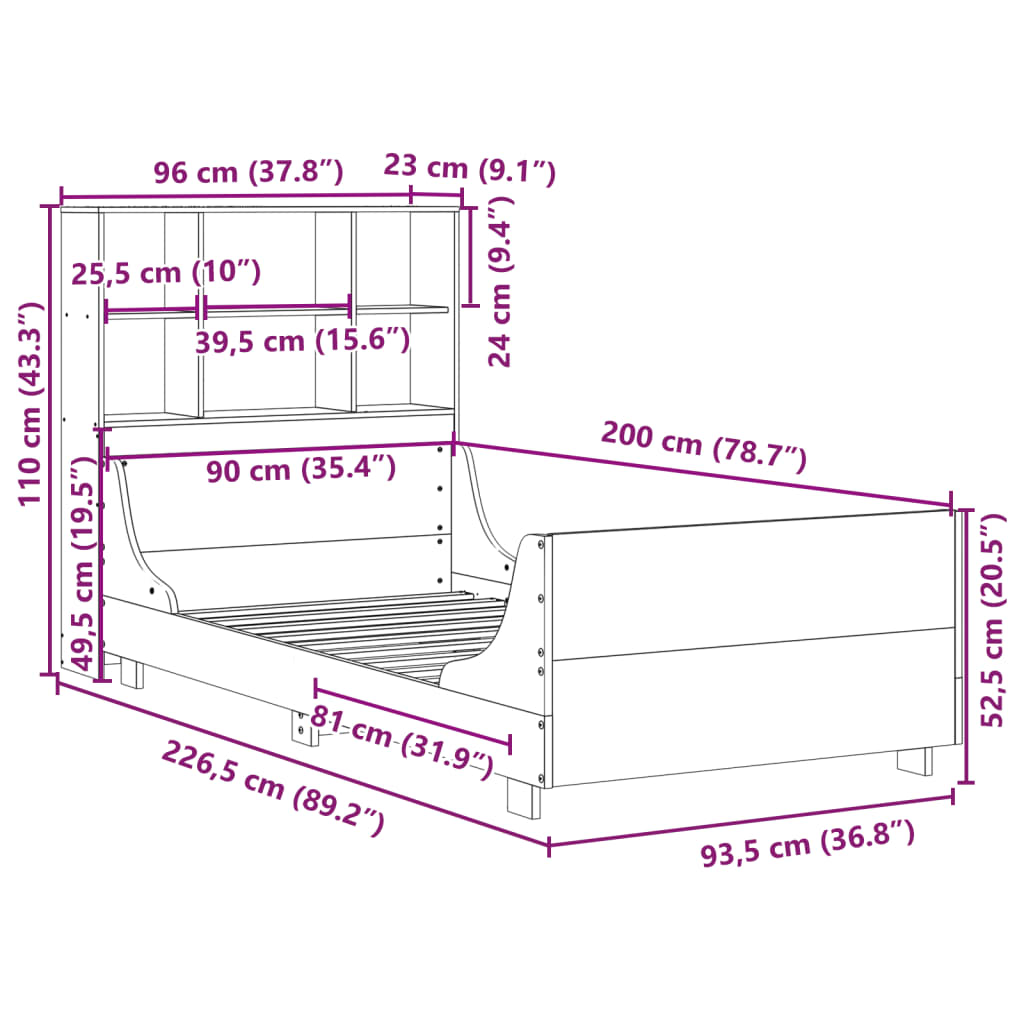 vidaXL Massivholzbett mit Regal ohne Matratze 90x200 cm Massivholz