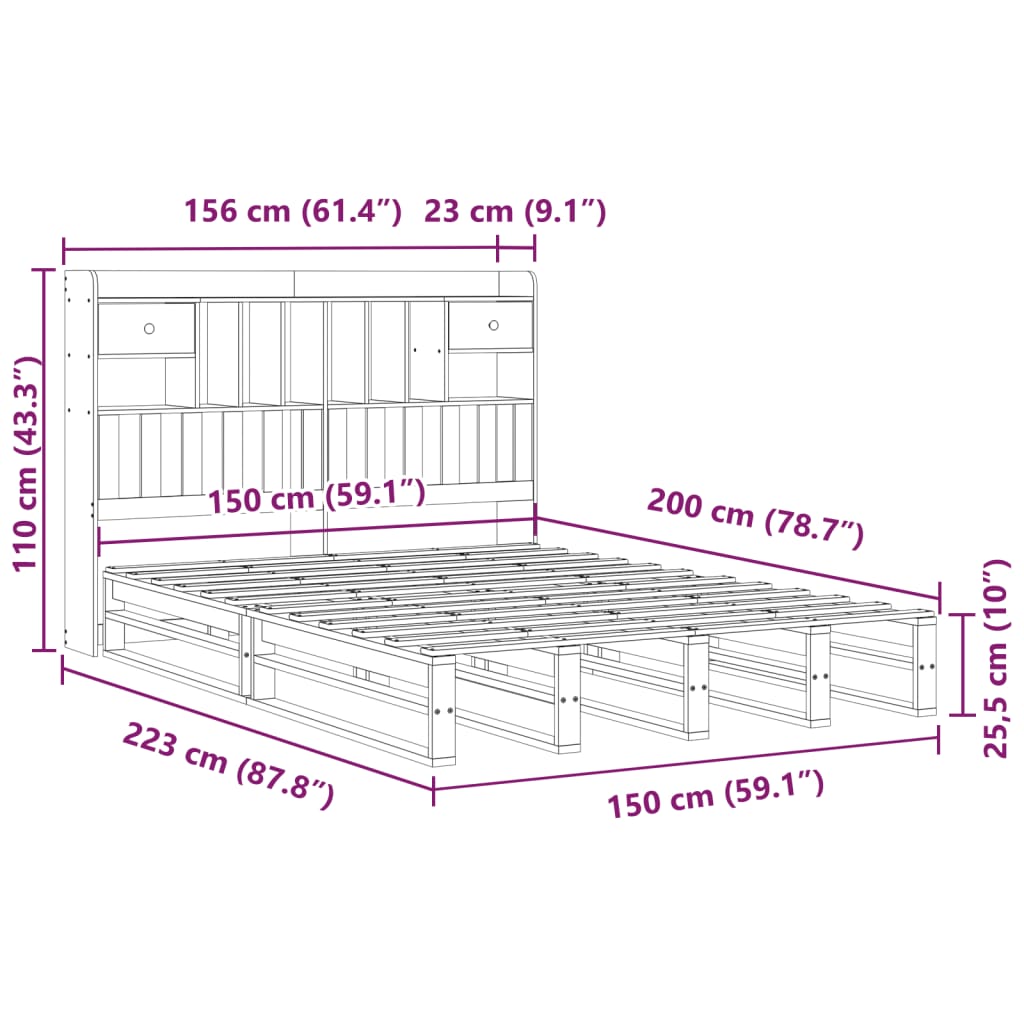 vidaXL Massivholzbett mit Regal ohne Matratze 150x200 cm Kiefernholz