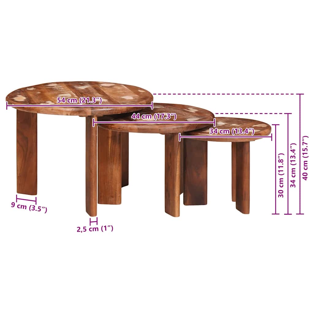 vidaXL Nesting-Couchtische 3 pcs Mehrfarbig Massives Altholz