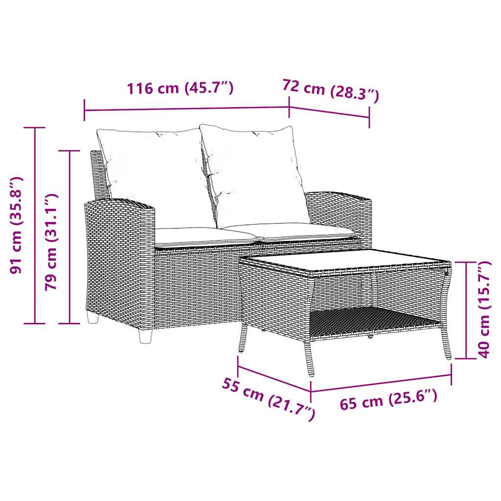 vidaXL Gartensofa 2-Sitzer mit Kissen & Tisch Schwarz Poly Rattan