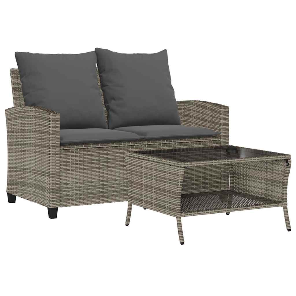 vidaXL Gartensofa 2-Sitzer mit Kissen & Tisch Grau Poly Rattan