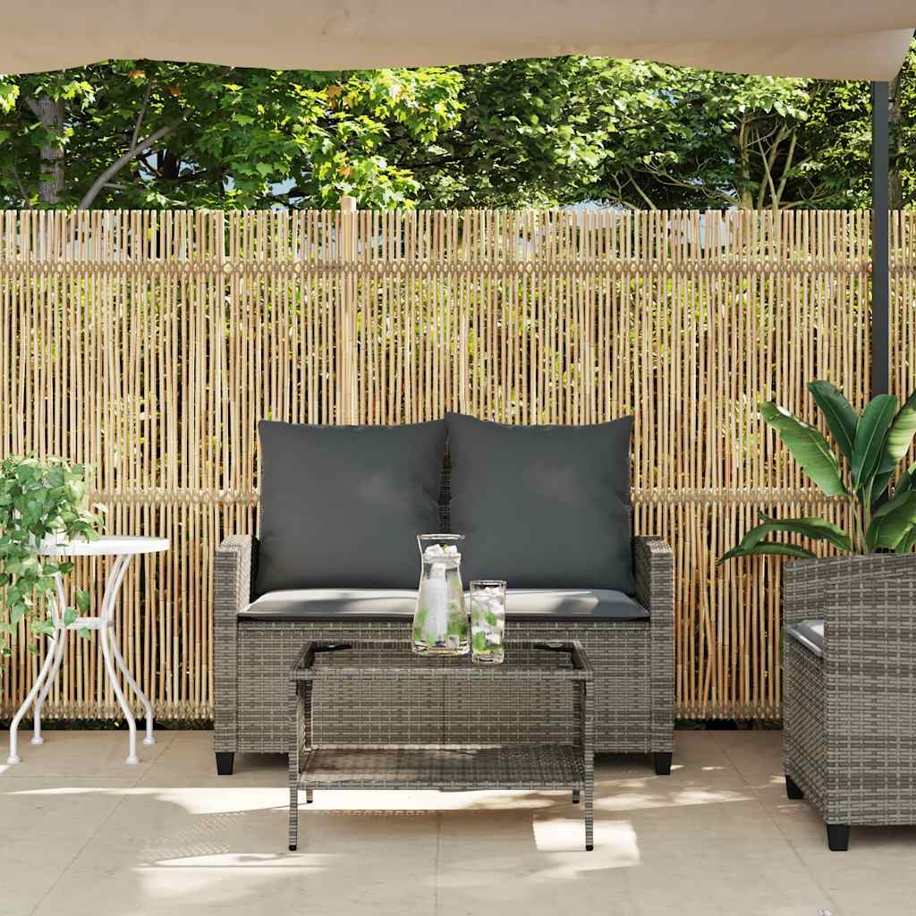 vidaXL Gartensofa 2-Sitzer mit Kissen & Tisch Grau Poly Rattan