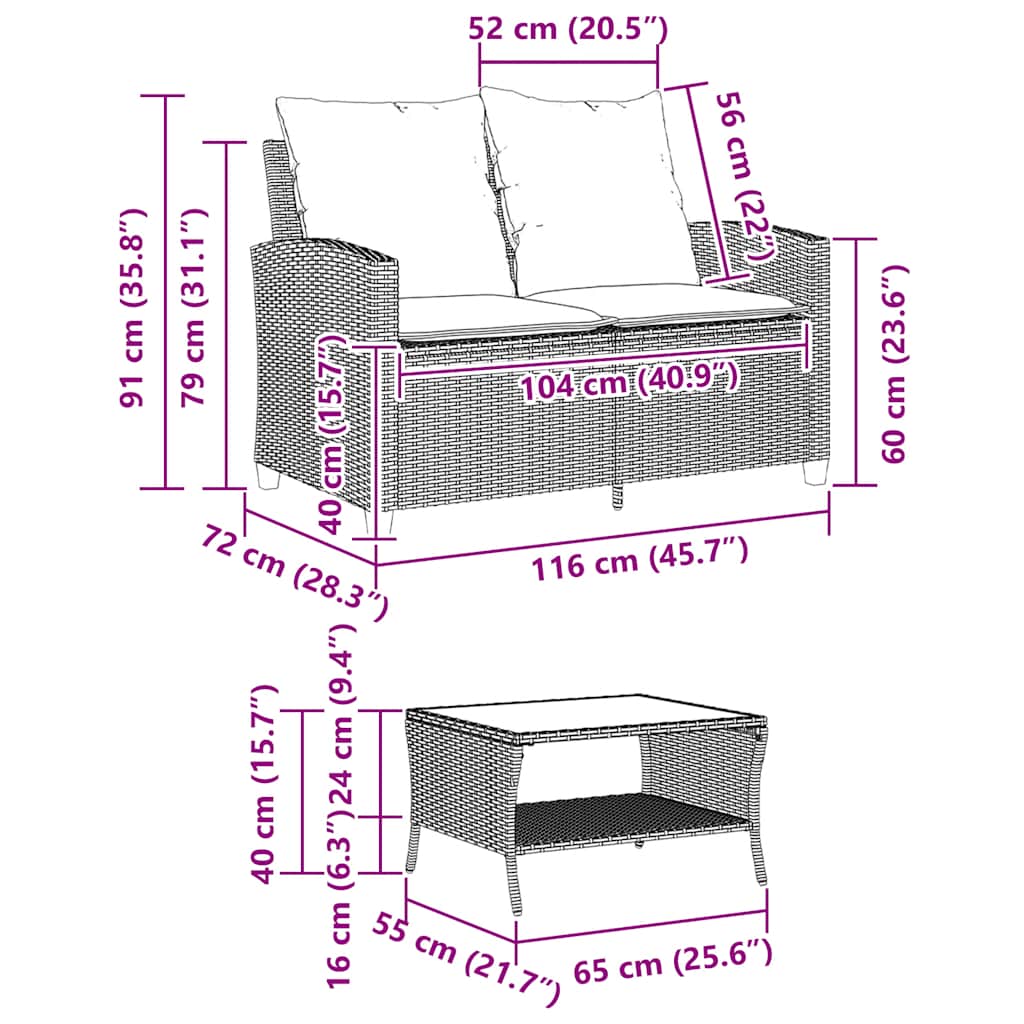 vidaXL Gartensofa 2-Sitzer mit Kissen & Tisch Grau Poly Rattan