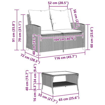 vidaXL Gartensofa 2-Sitzer mit Kissen & Tisch Grau Poly Rattan