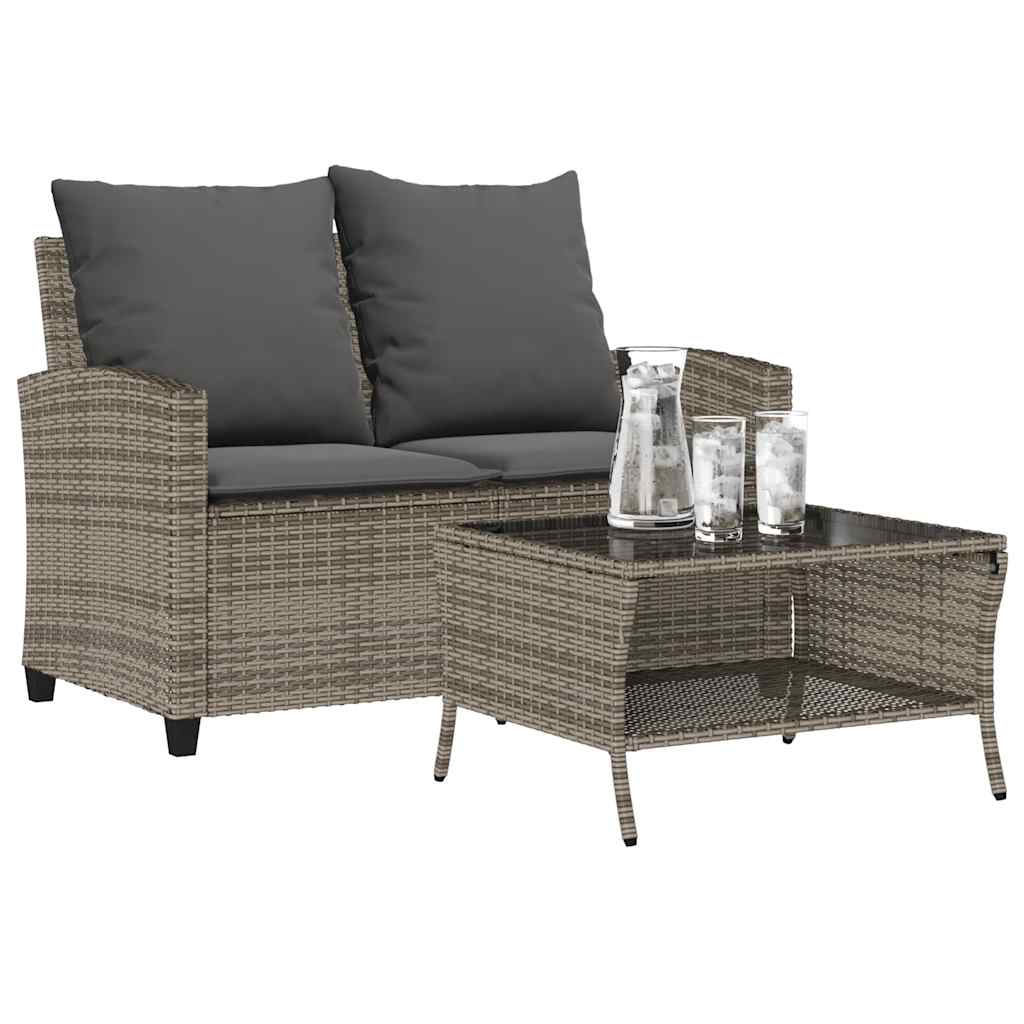 vidaXL Gartensofa 2-Sitzer mit Kissen & Tisch Grau Poly Rattan