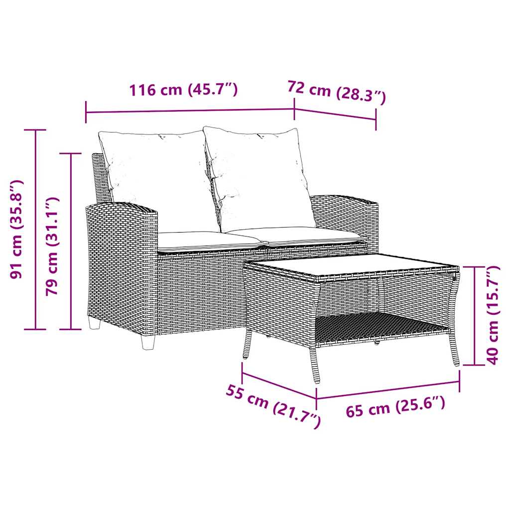 vidaXL Canapé de jardin 2 places avec coussins et table en résine tressée beige