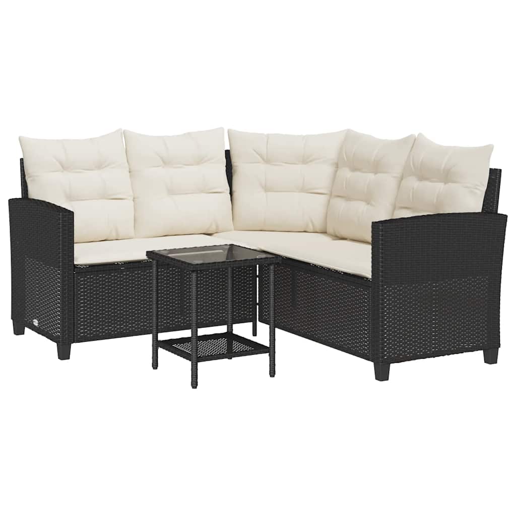 vidaXL Gartensofa in L-Form mit Tisch und Kissen Schwarz Poly Rattan