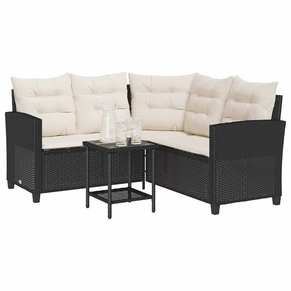 vidaXL Gartensofa in L-Form mit Tisch und Kissen Schwarz Poly Rattan
