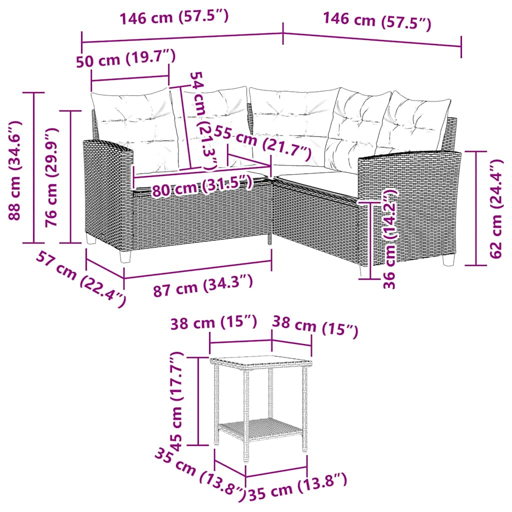 vidaXL Gartensofa in L-Form mit Tisch und Kissen Schwarz Poly Rattan