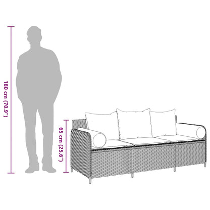 Gartensofa mit Kissen 3-Sitzer Grau Poly Rattan