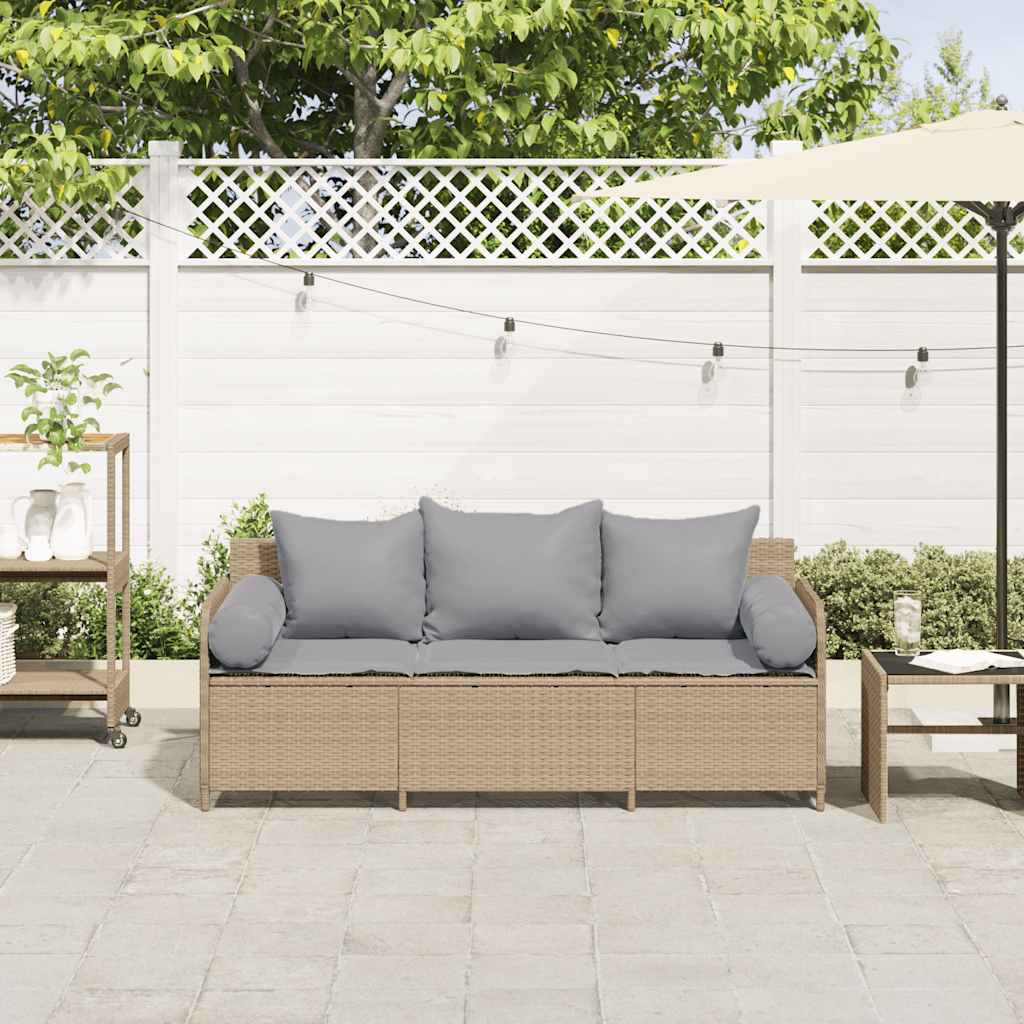 Gartensofa mit Kissen 3-Sitzer Beige Poly Rattan
