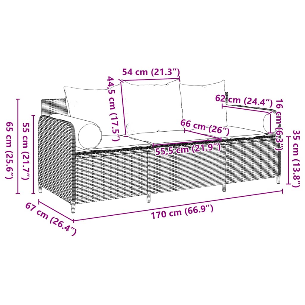 vidaXL Gartensofa mit Kissen 3-Sitzer Hellgrau Poly Rattan