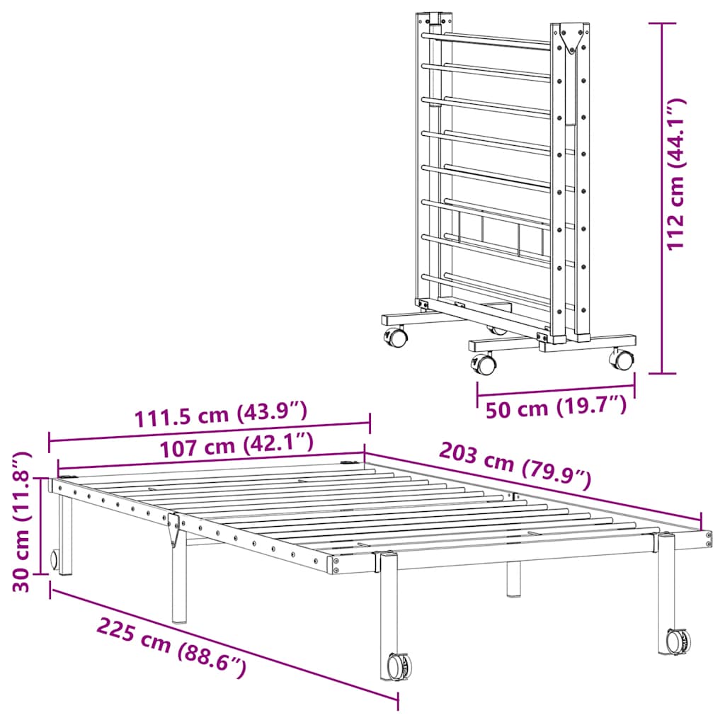vidaXL Bettgestell ohne Matratze Klappbar Schwarz 107x203 cm Stahl