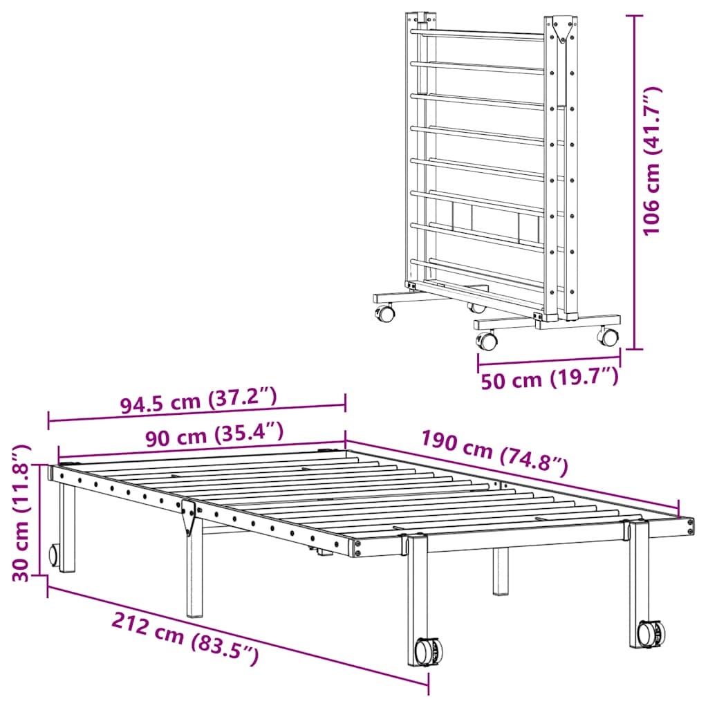 vidaXL Bettgestell ohne Matratze Klappbar Weiß 90x190 cm Stahl