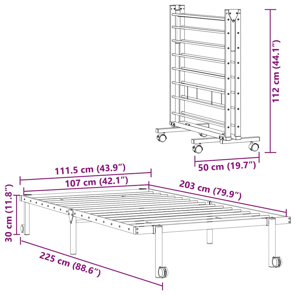 vidaXL Bettgestell ohne Matratze Klappbar Weiß 107x203 cm Stahl