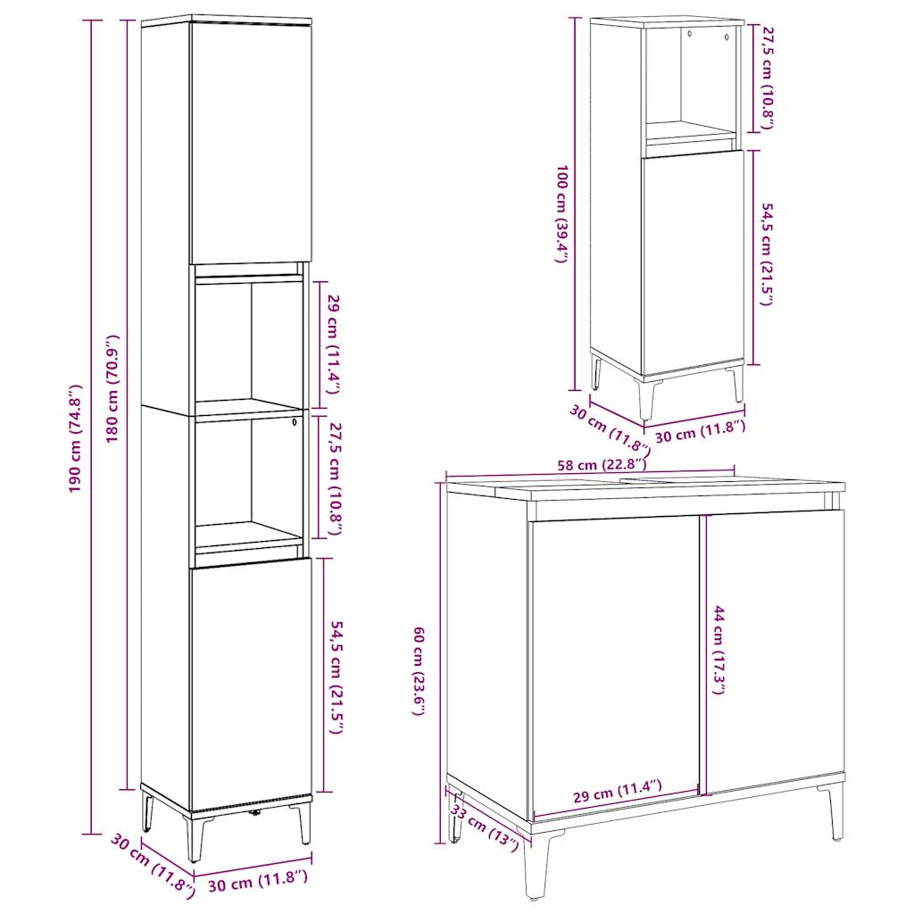 vidaXL Ensemble de meubles de salle de bain 3 pcs Gris béton Bois d'ingénierie