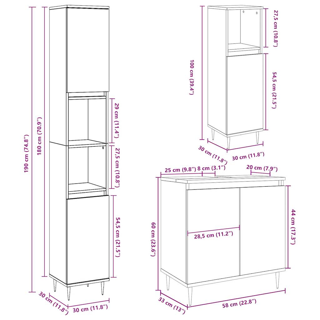 vidaXL Ensemble de meubles de salle de bain 3 pcs Gris béton Bois d'ingénierie