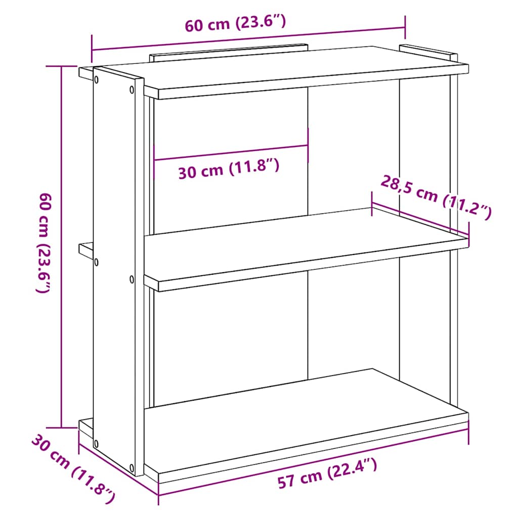 vidaXL Bücherregal 3 Böden Räuchereiche 60x30x60 cm Holzwerkstoff