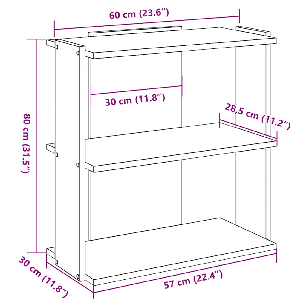vidaXL Bücherregal 3 Böden Grau Sonoma 60x30x80 cm Holzwerkstoff