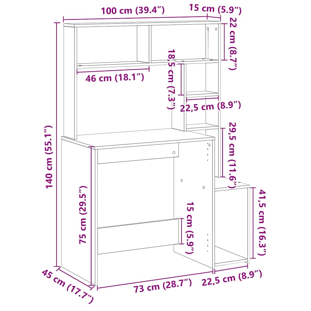 vidaXL Schreibtisch mit Regal Grau Sonoma 100x45x140 cm Holzwerkstoff