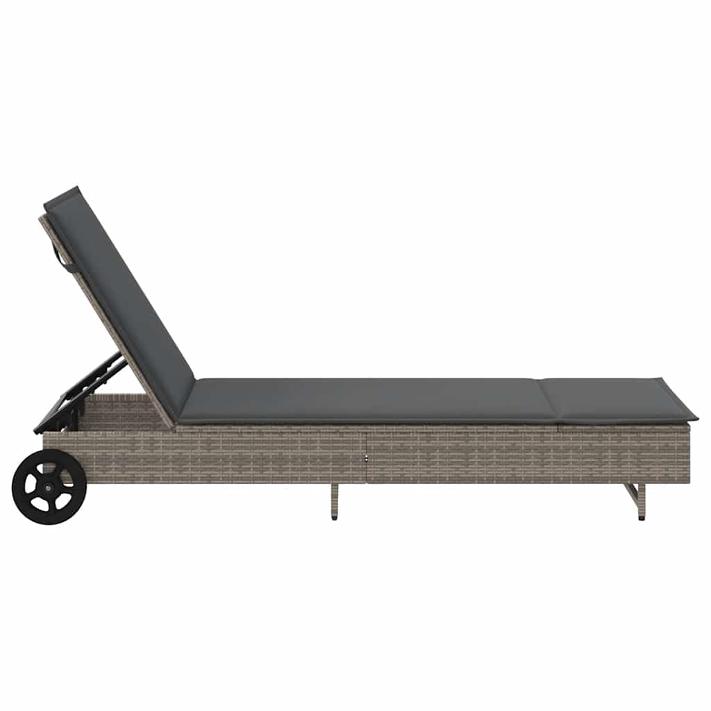 Sonnenliege mit Rollen und Auflage Grau Poly Rattan
