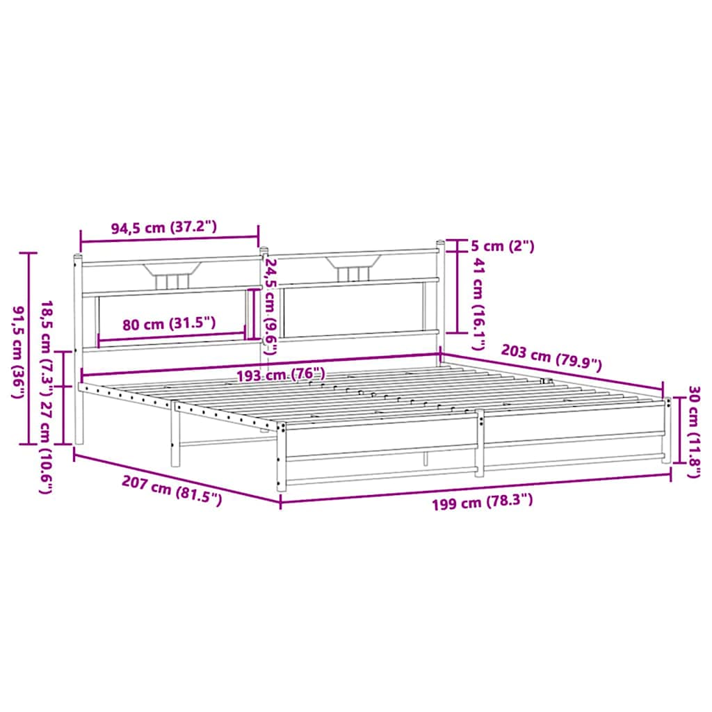 Metallbett ohne Matratze Räuchereiche 193x201 cm