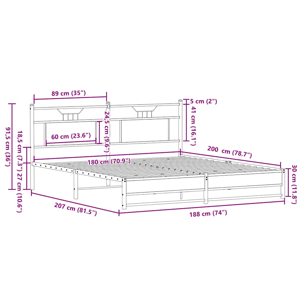 Metallbett ohne Matratze Sonoma-Eiche 180x200 cm