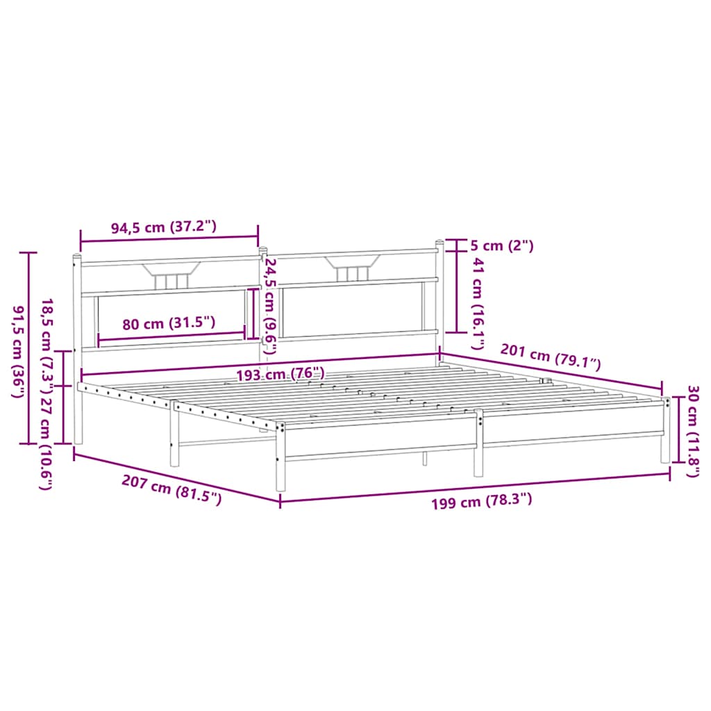 vidaXL Metallbett ohne Matratze Braun Eichen-Optik 193x201 cm