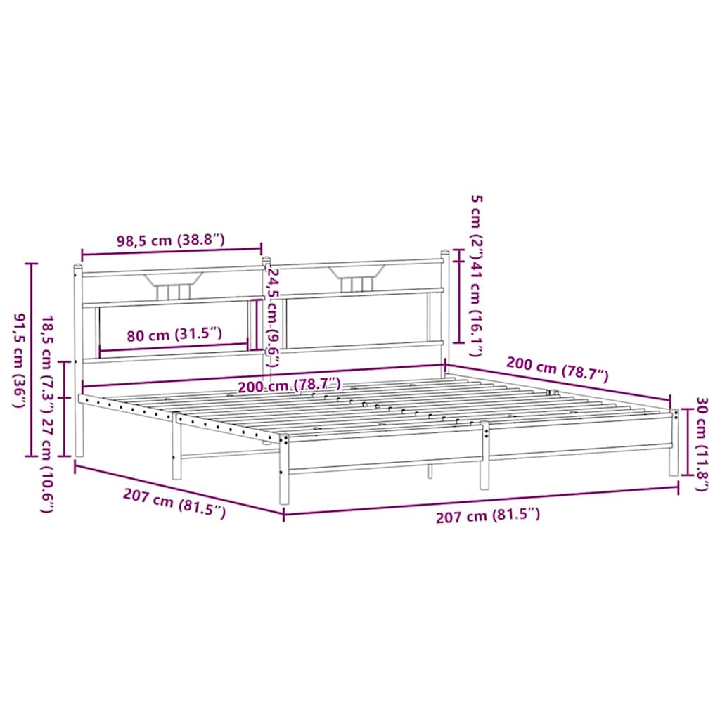 vidaXL Metallbett ohne Matratze Braun Eichen-Optik 200x200 cm