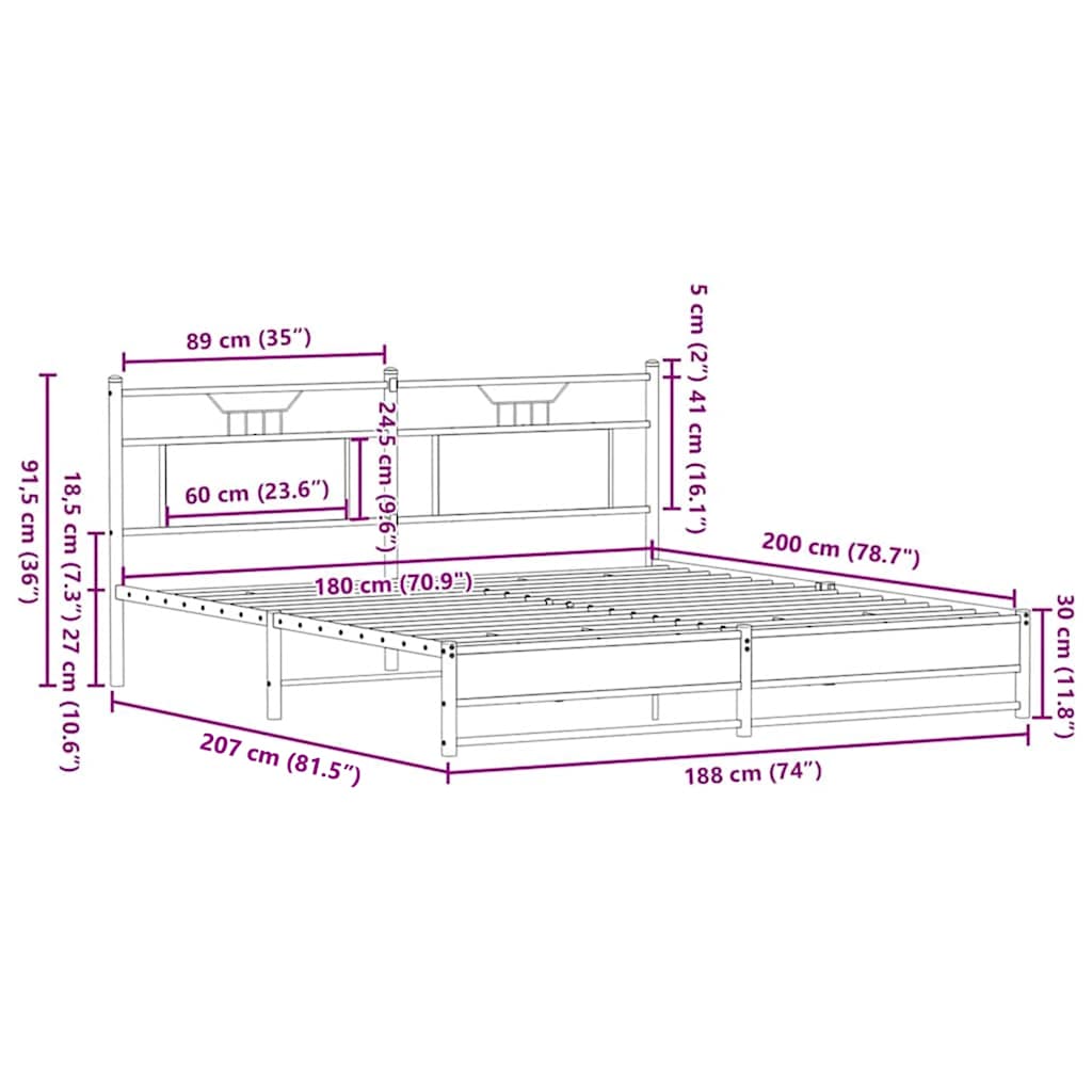 vidaXL Metallbett ohne Matratze Braun Eichen-Optik 180x200 cm