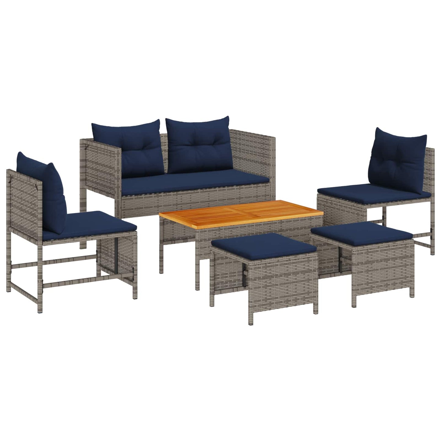 Gartensofa-set mit Kissen 6 pcs Grau und Marineblau Poly-Rattan