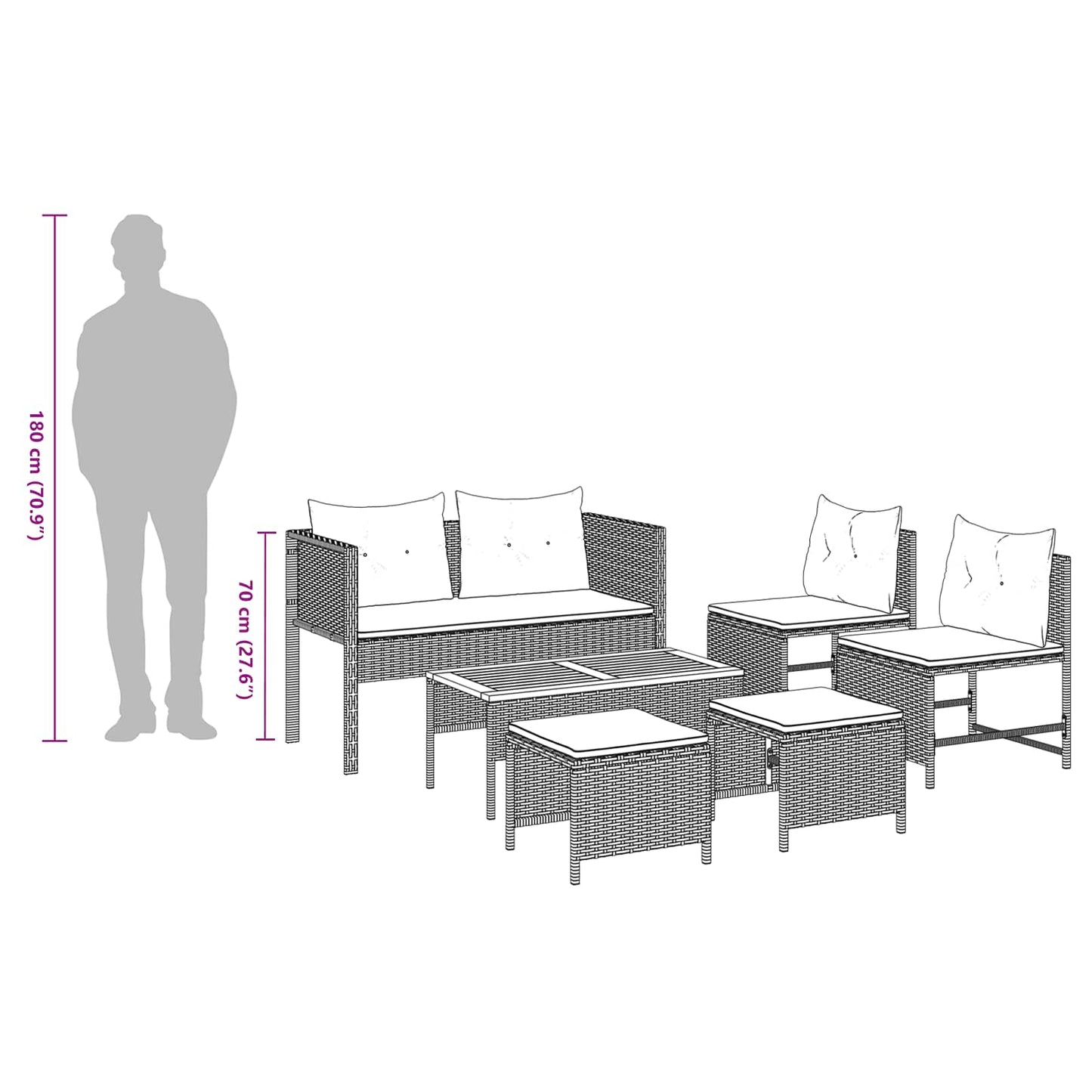 Gartensofa-set mit Kissen 6 pcs Grau und Marineblau Poly-Rattan