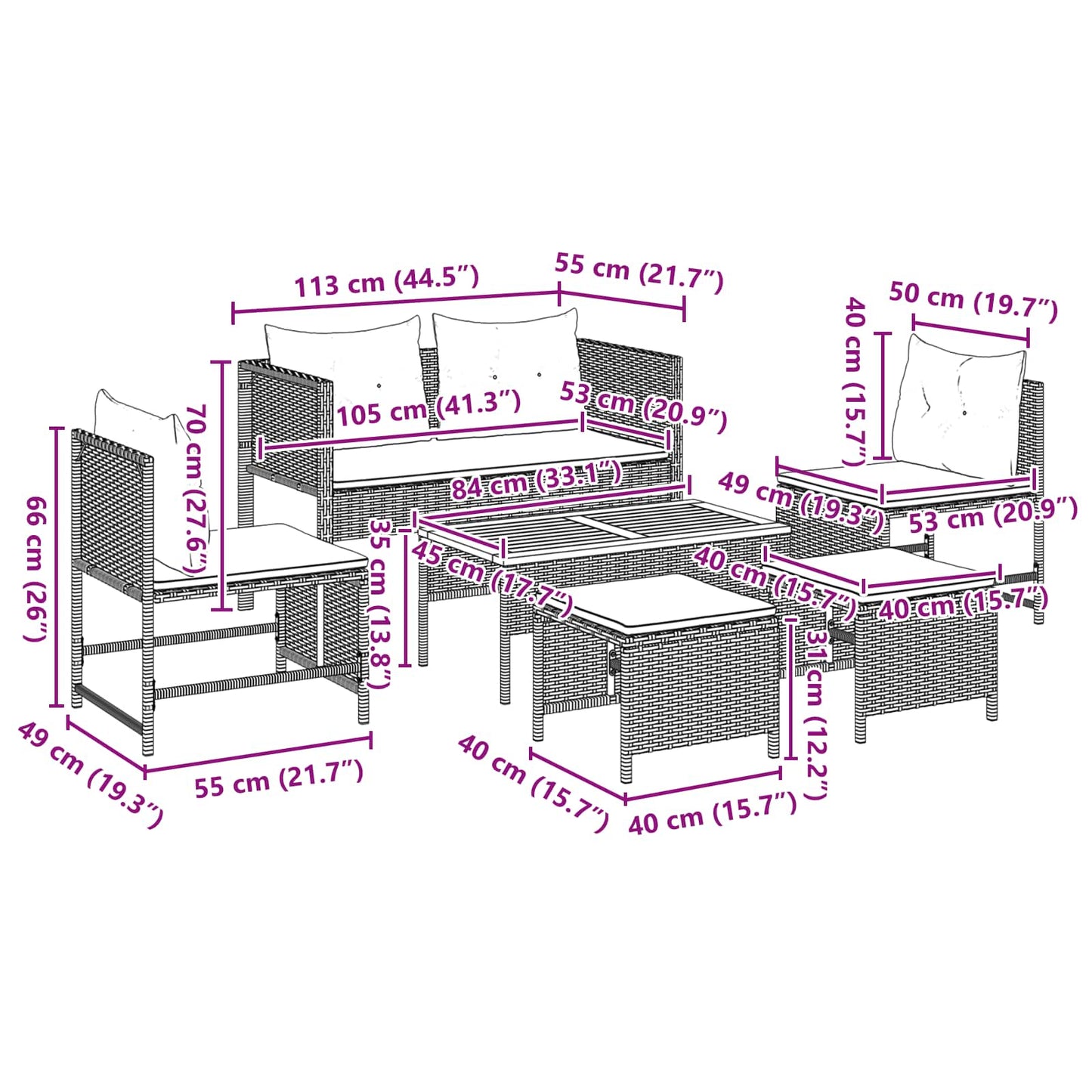 Gartensofa-set mit Kissen 6 pcs Grau und Marineblau Poly-Rattan