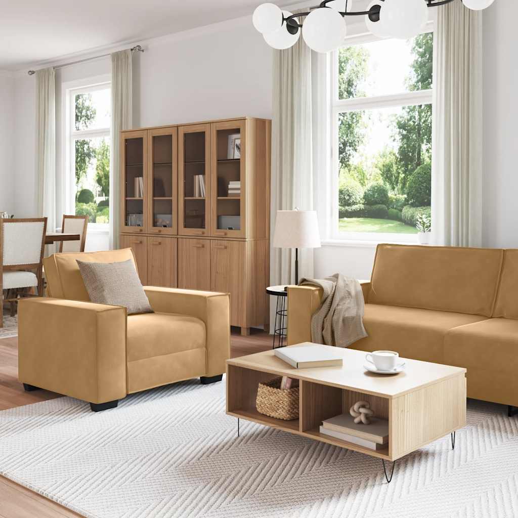 3-tlg. Sofagarnitur mit Kissen Braun Samt