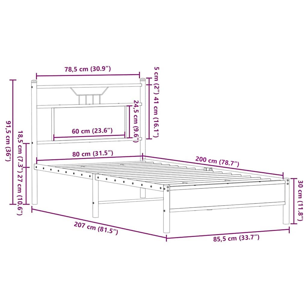 vidaXL Bettgestell ohne Matratze Braun Eiche 80x200 cm Holzwerkstoff