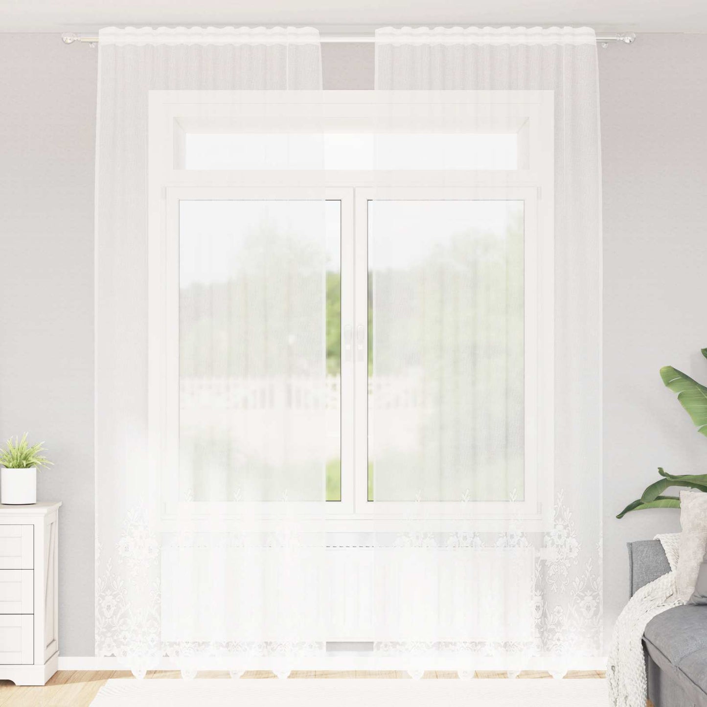 vidaXL Spitzenvorhang mit Vorhängen Floral Weiß 280 x 150 cm Polyester