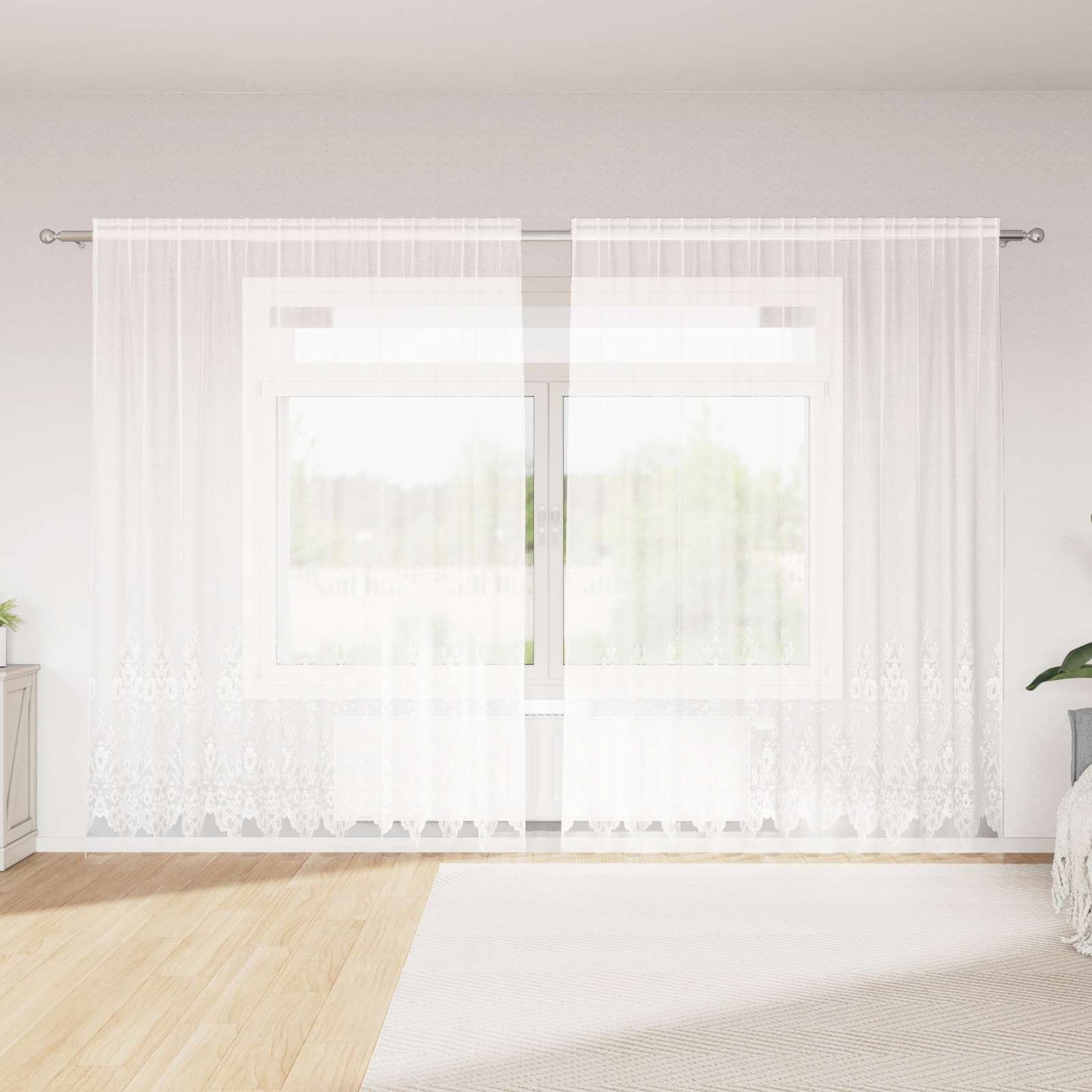 vidaXL Spitzenvorhang mit Vorhängen Floral Weiß 200 x 300 cm Polyester