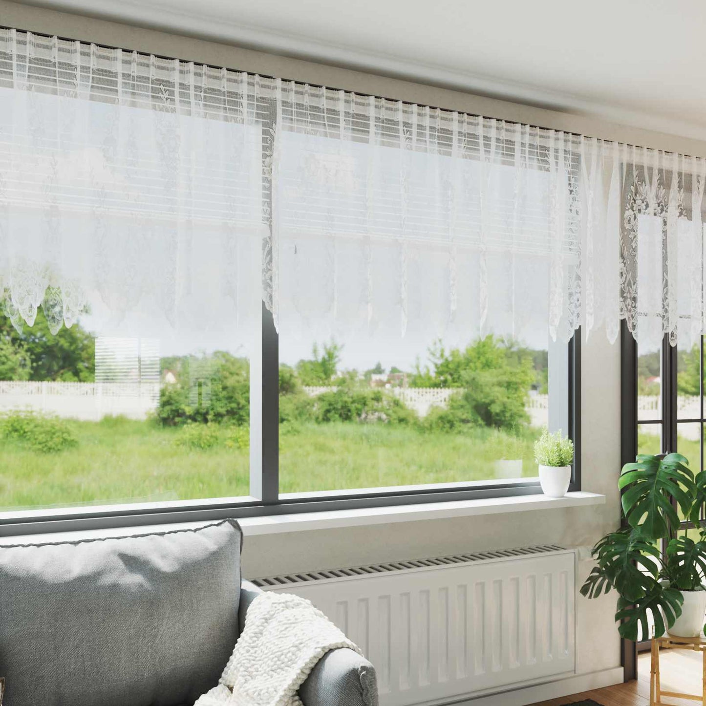 vidaXL Spitzenvorhang mit Vorhängen Floral Weiß 120 x 600 cm Polyester