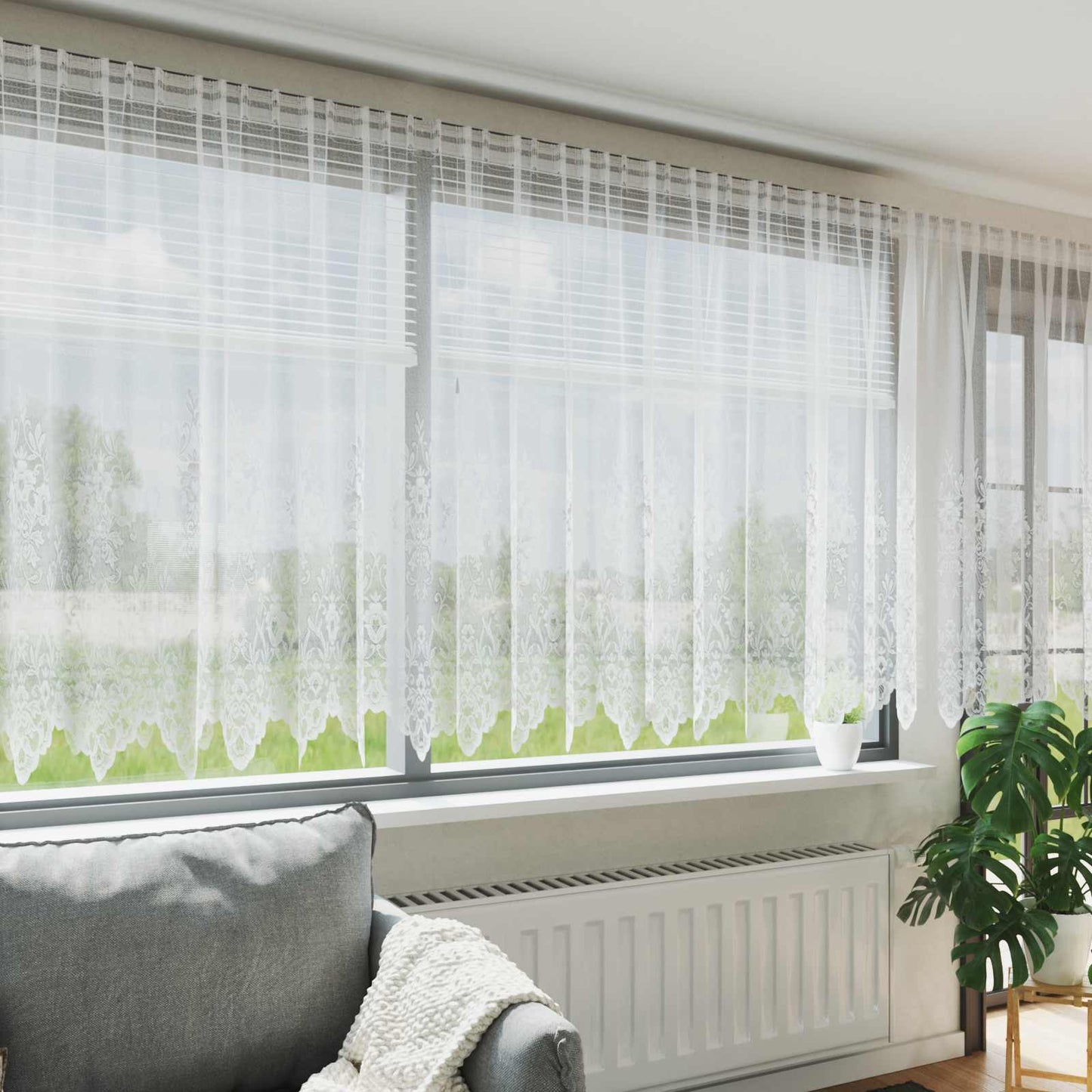 vidaXL Spitzenvorhang mit Vorhängen Floral Weiß 140 x 750 cm Polyester